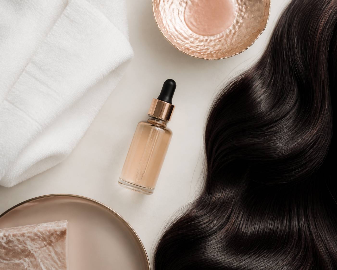 Flacon de sérum à l'acide hyaluronique et cheveux longs brillants sur fond clair