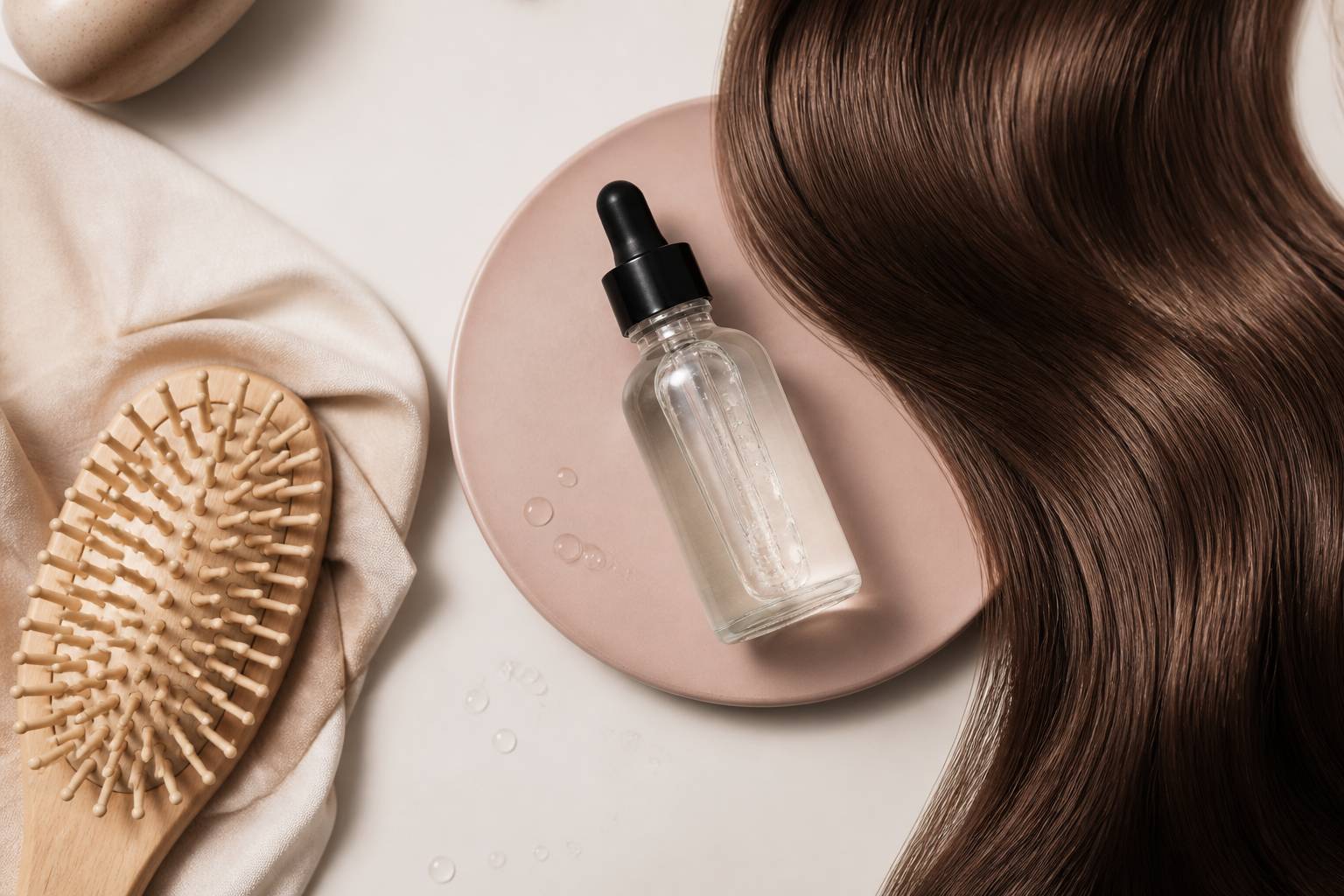 Sérum capillaire translucide avec brosse en bois et mèches de cheveux brillantes en flat-lay