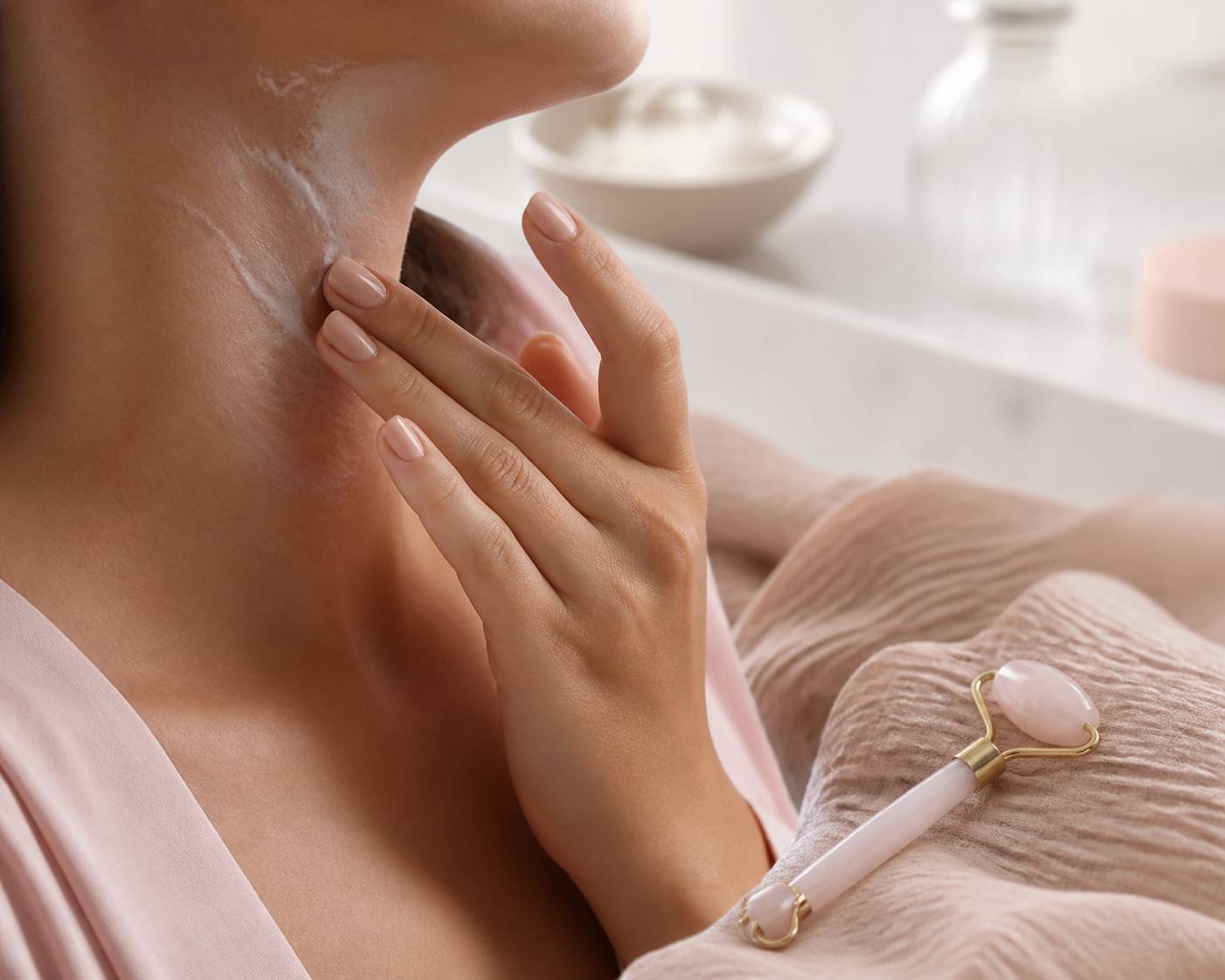 Main appliquant une crème sur la mâchoire et le cou sans visage visible
