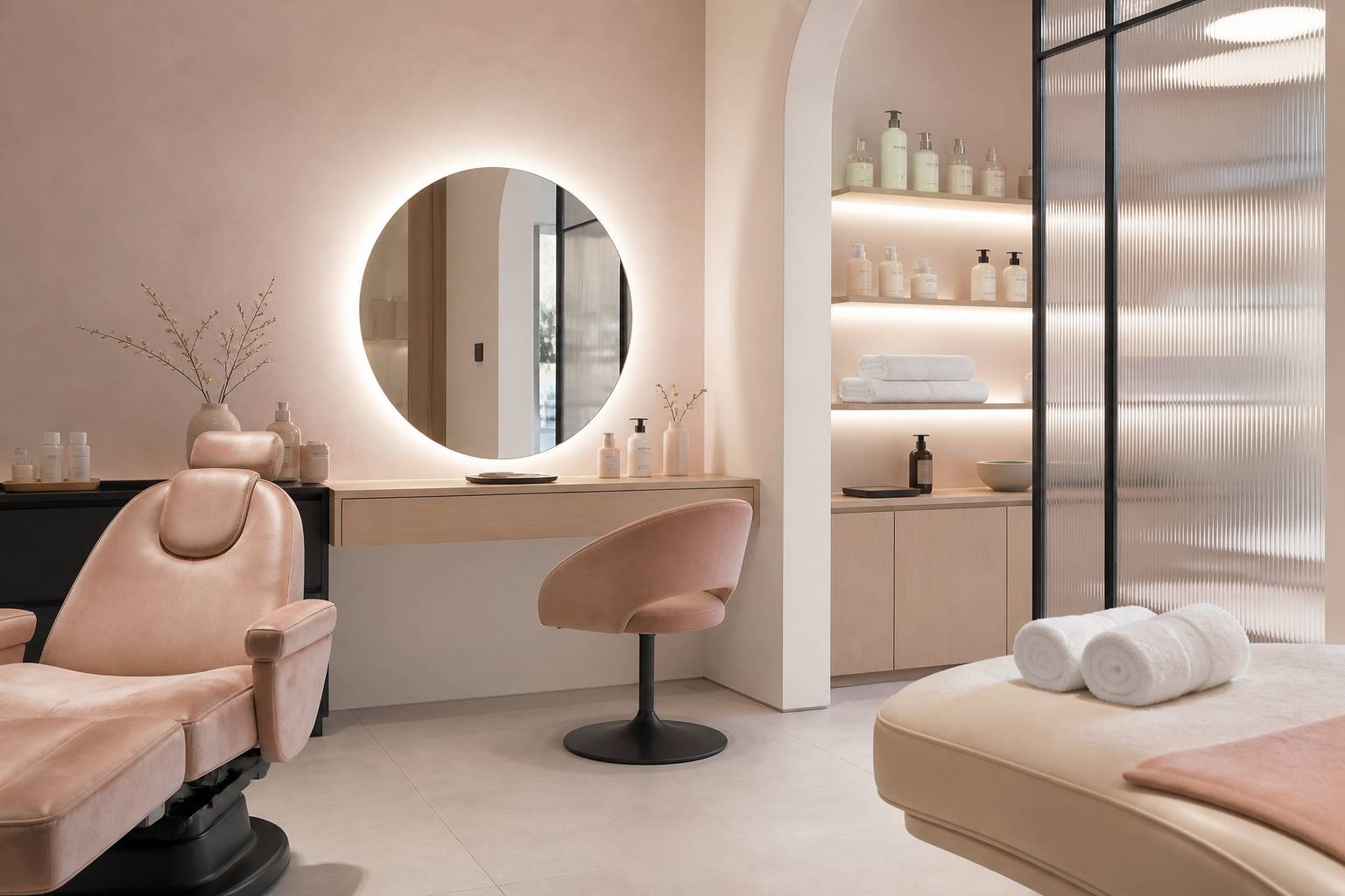 Coiffeuse de salon de beauté avec miroir rond éclairé et serviettes blanches roulées