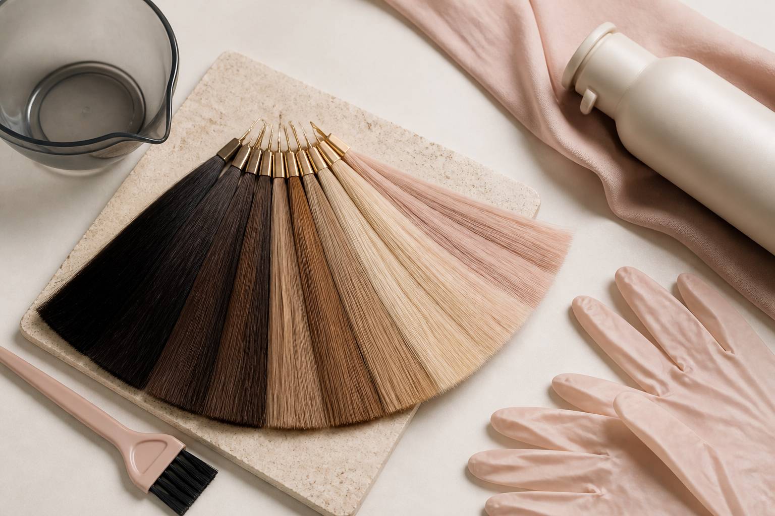 Flat-lay de mèches teintes en balayage avec outils de coloration