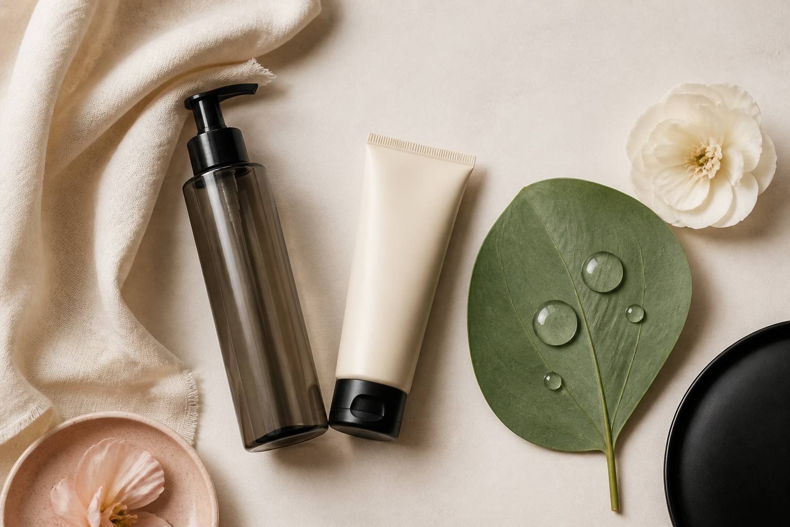 Flat-lay de soins cosmétiques avec flacon et feuilles vertes