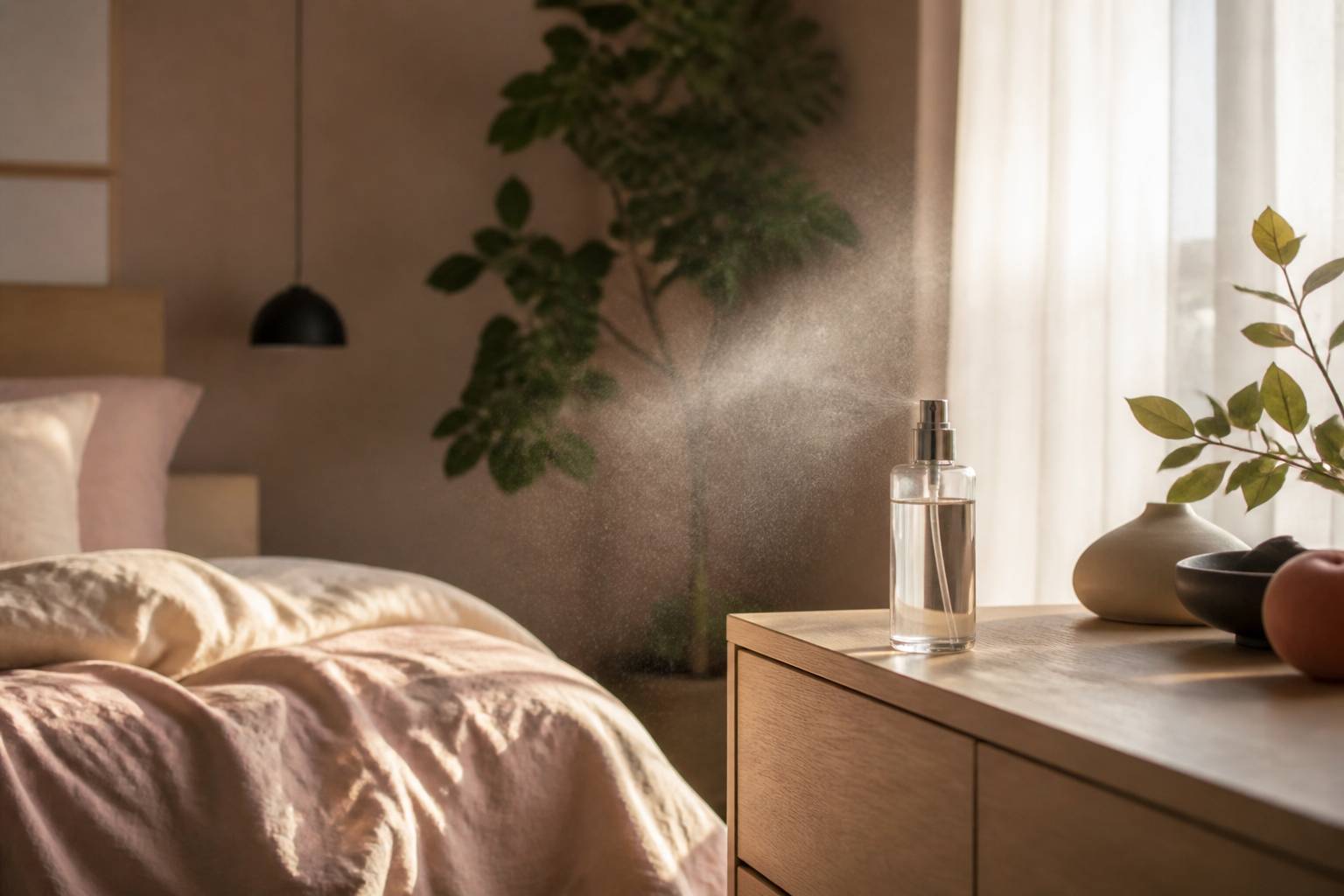 Flacon de brume parfumée sur une commode en bois clair avec un nuage de brume dans la lumière