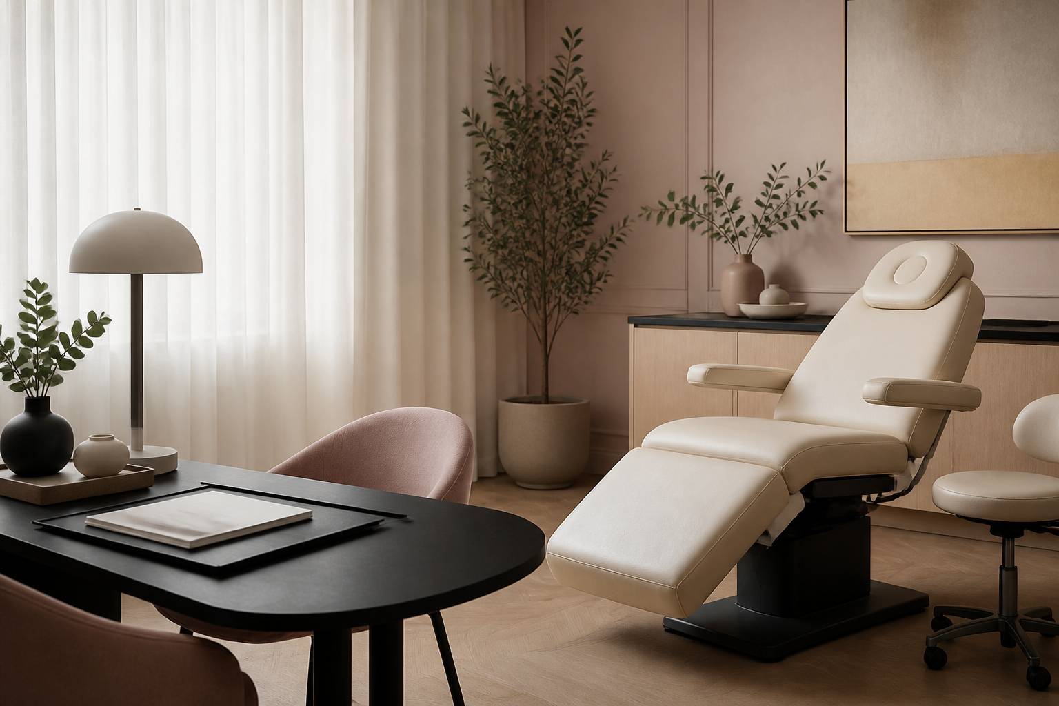 Cabinet de chirurgie esthétique discret et apaisant avec fauteuil d'examen et plantes