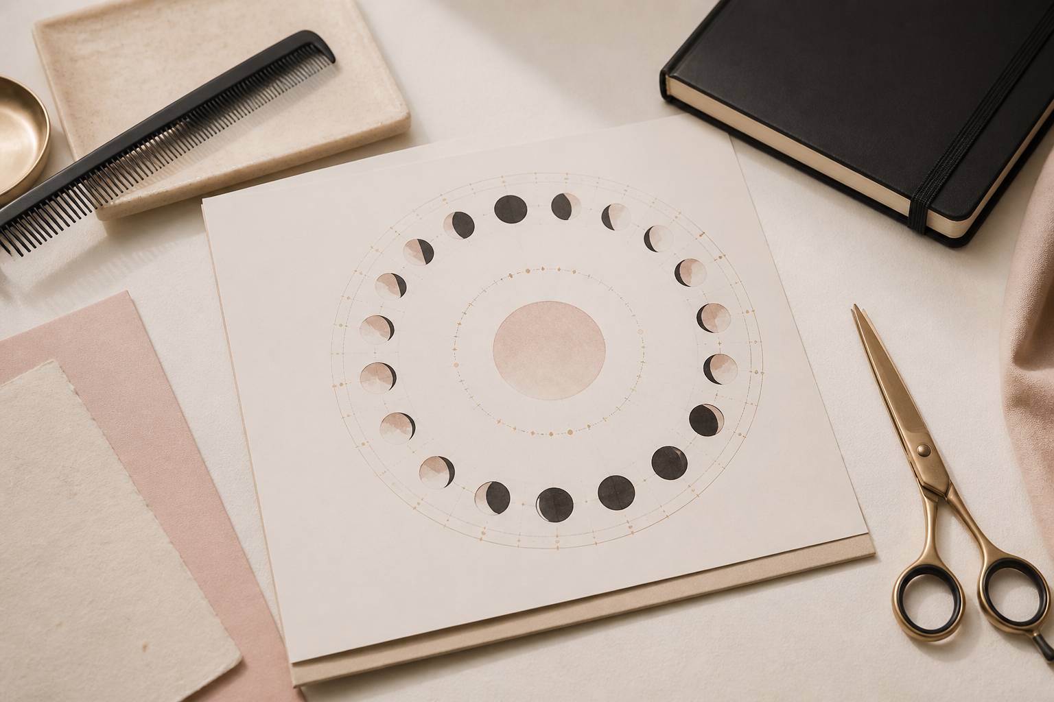Calendrier lunaire et ciseaux sur un comptoir