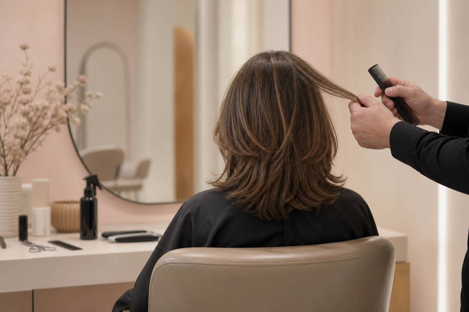 Femme au carré dégradé vue de dos dans un salon de coiffure lumineux