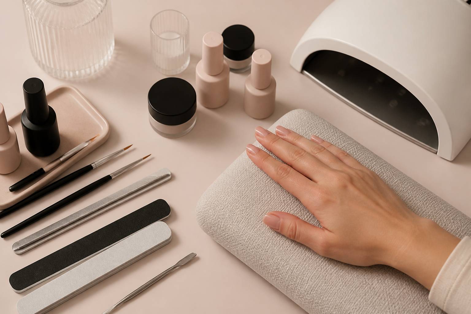 Plan de travail de manucure avec gels, lampe LED et pinceaux