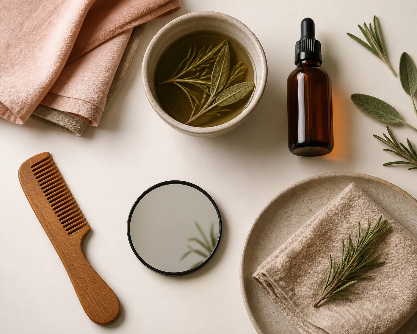 Flat-lay soins capillaires naturels avec peigne et flacon d'huile