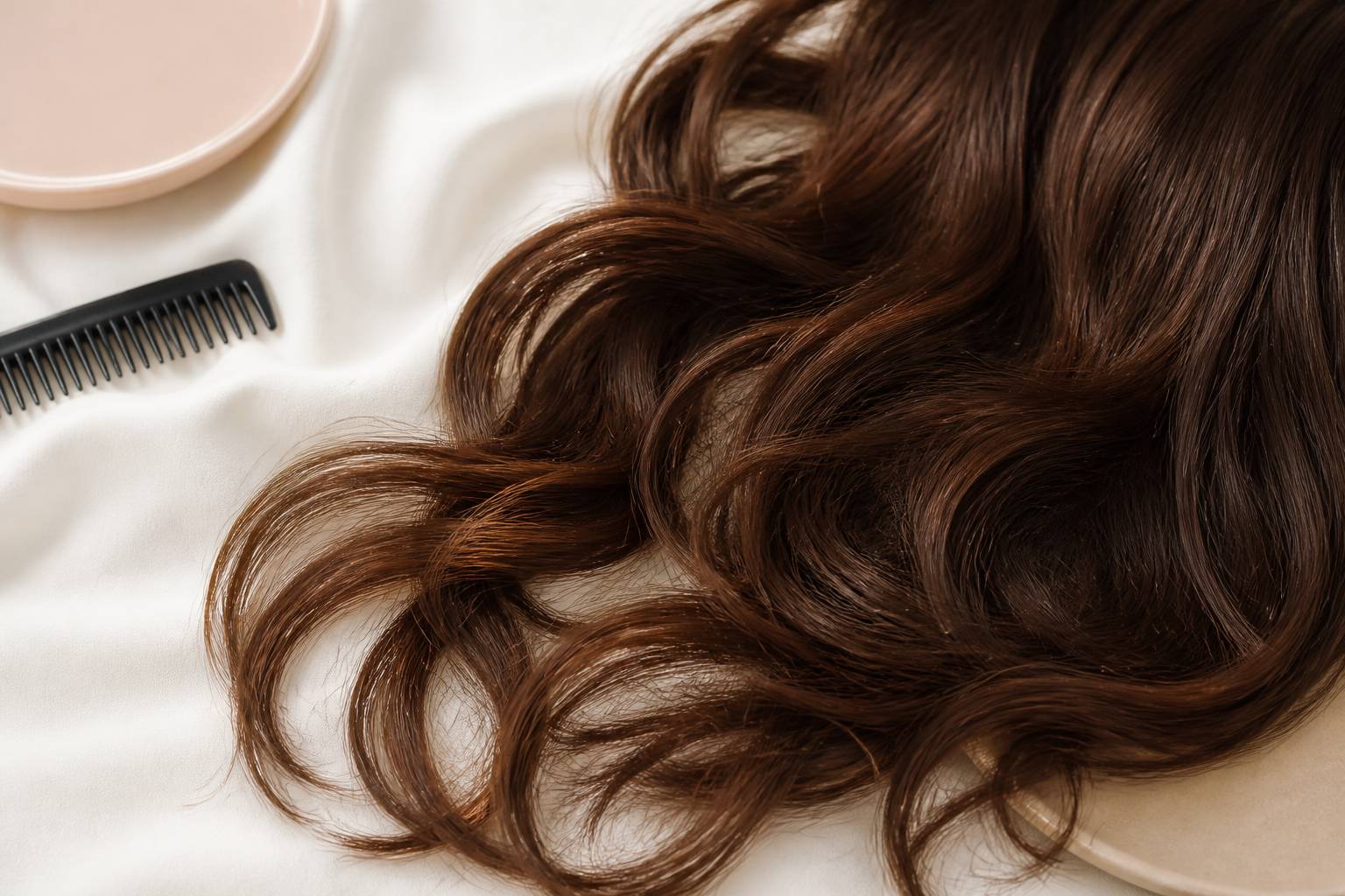 Longs cheveux ondulés tombant sur un tissu blanc