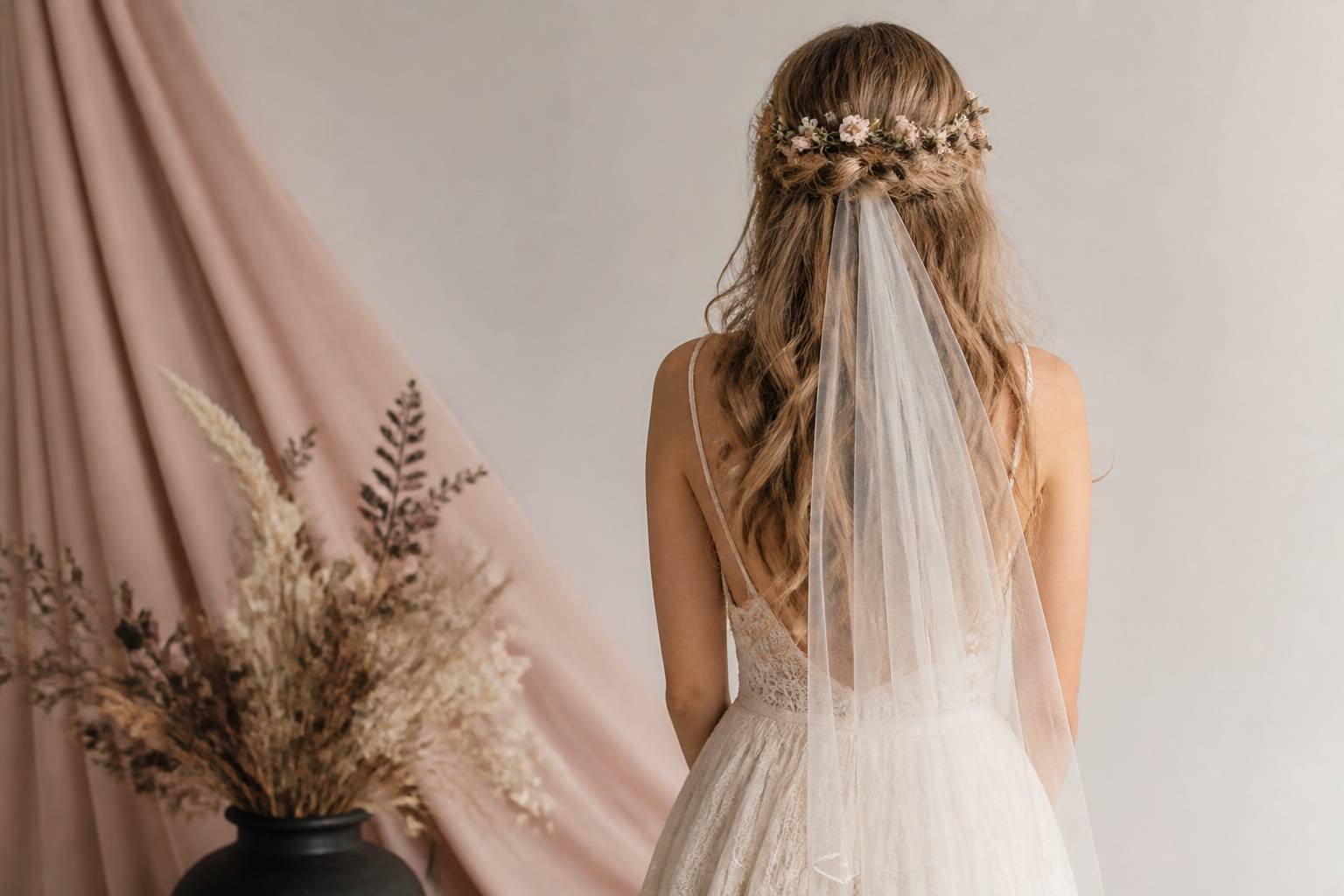 Mariée vue de dos avec coiffure bohème et couronne de fleurs