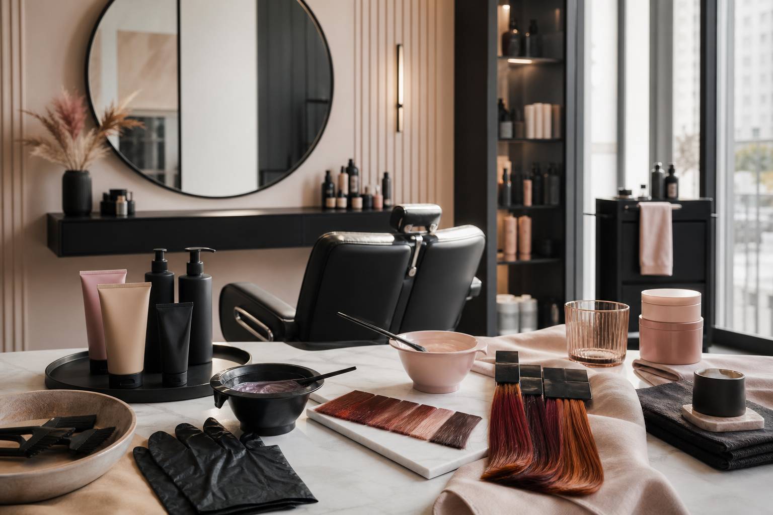 Salon de coiffure avec mèches de test aux nuances acajou