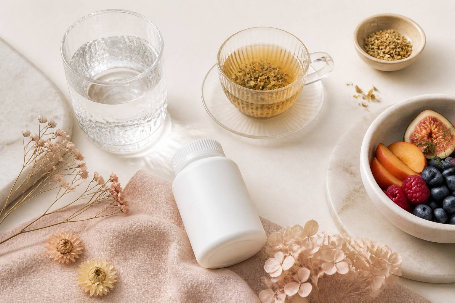 Flat-lay de bien-être avec verre d'eau et tisane