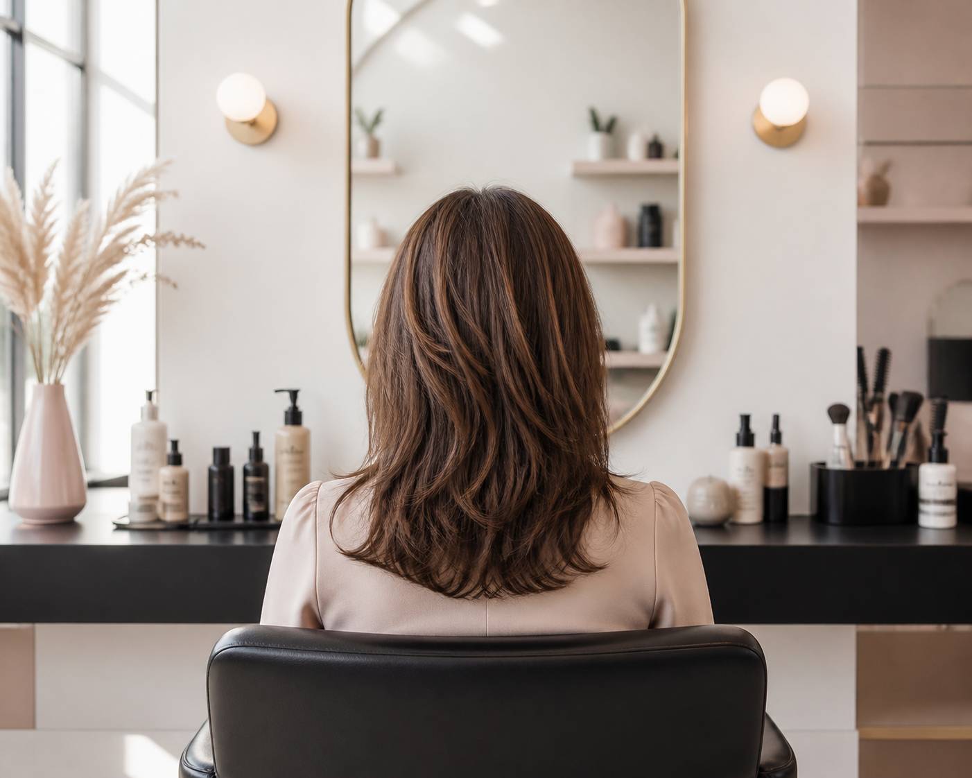 Cheveux fins et plats coiffés avec du volume aux racines dans un salon lumineux