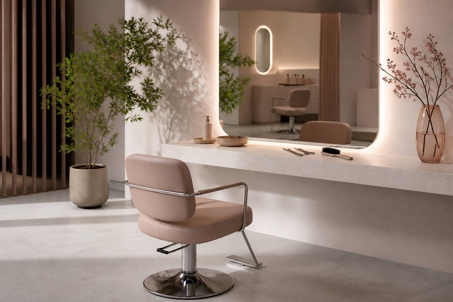 Salon de coiffure clair avec fauteuil et miroir