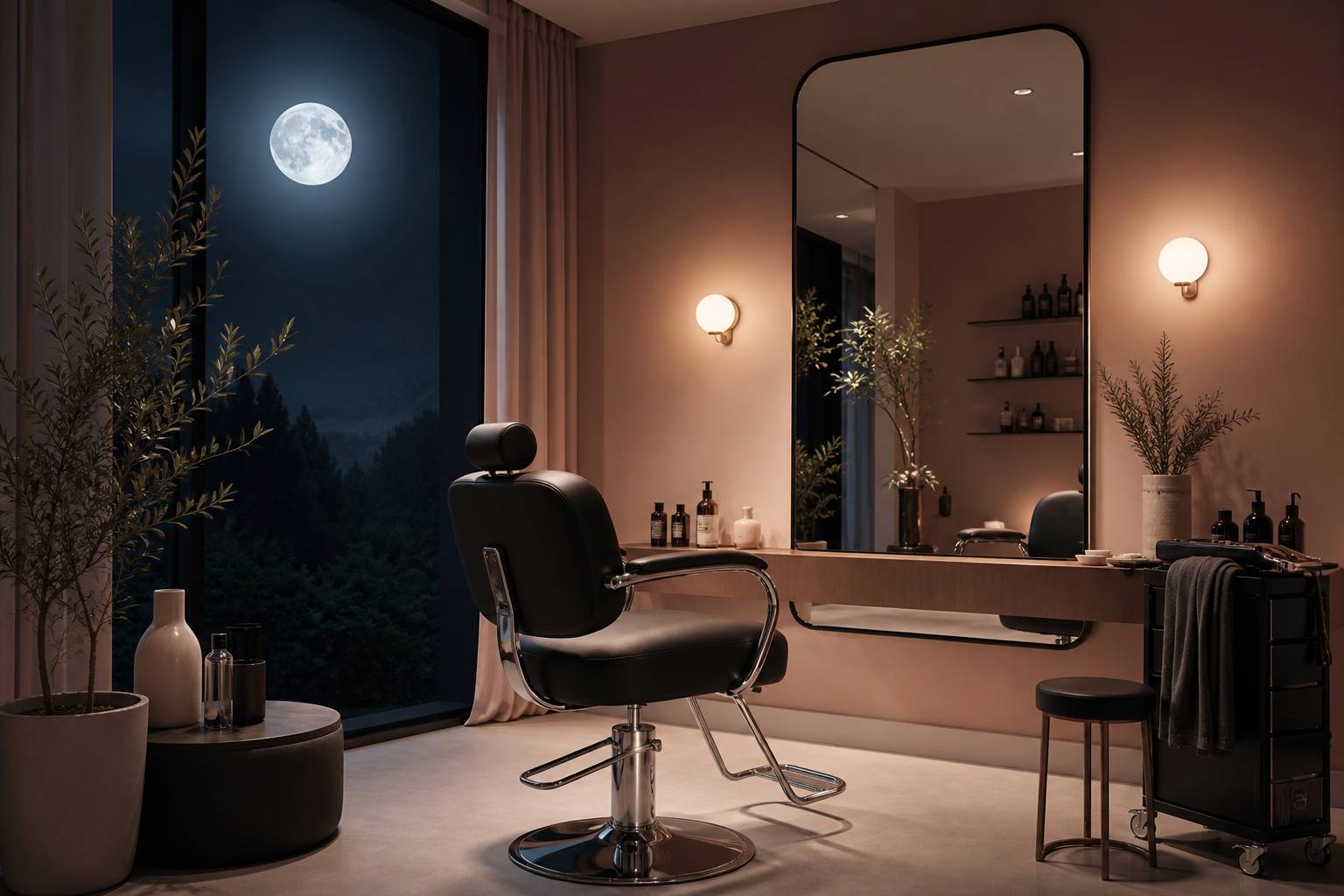 Salon de coiffure nocturne avec une lune à la fenêtre