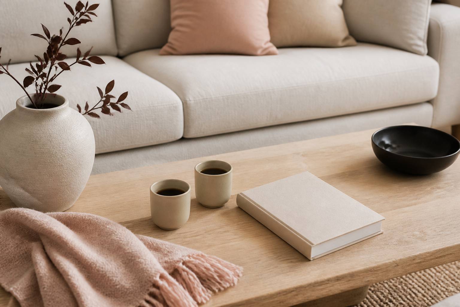 Deux tasses de café et un livre posés sur une table basse près d'un canapé