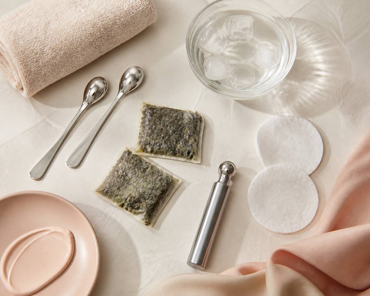 Cuillères froides et sachets de thé vert pour décongestionner le regard