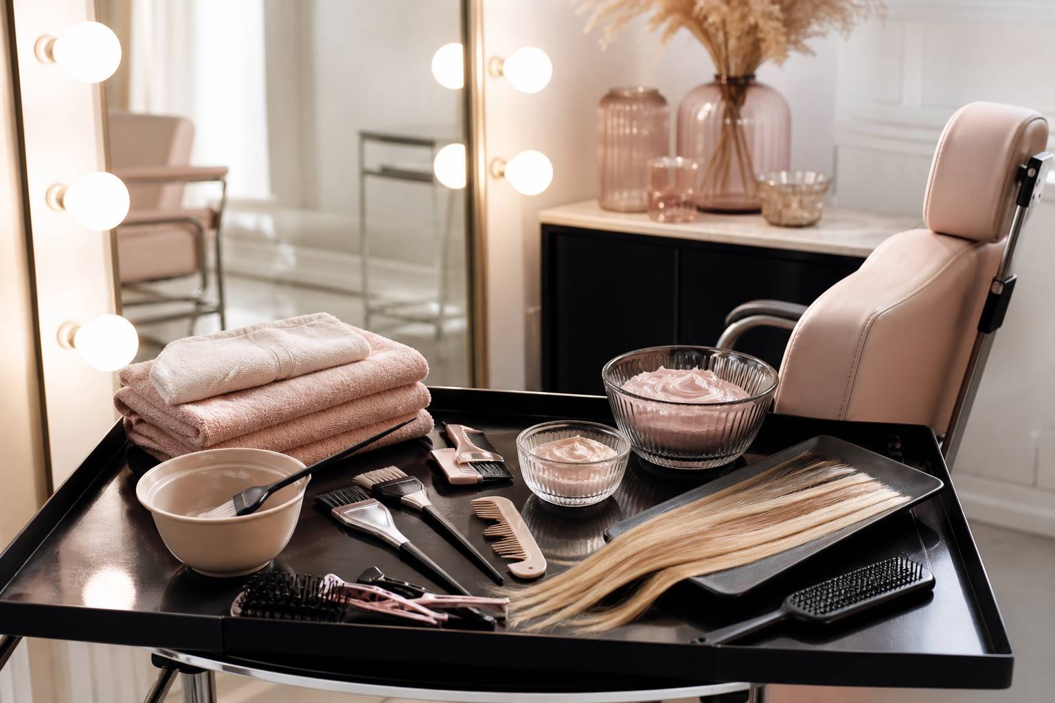 Fauteuil de salon de coiffure avec mèches éclaircies et pinceaux