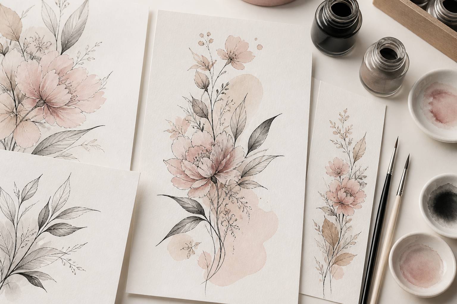 Dessins preparatoires de tatouages floraux fine line et aquarelle sur table