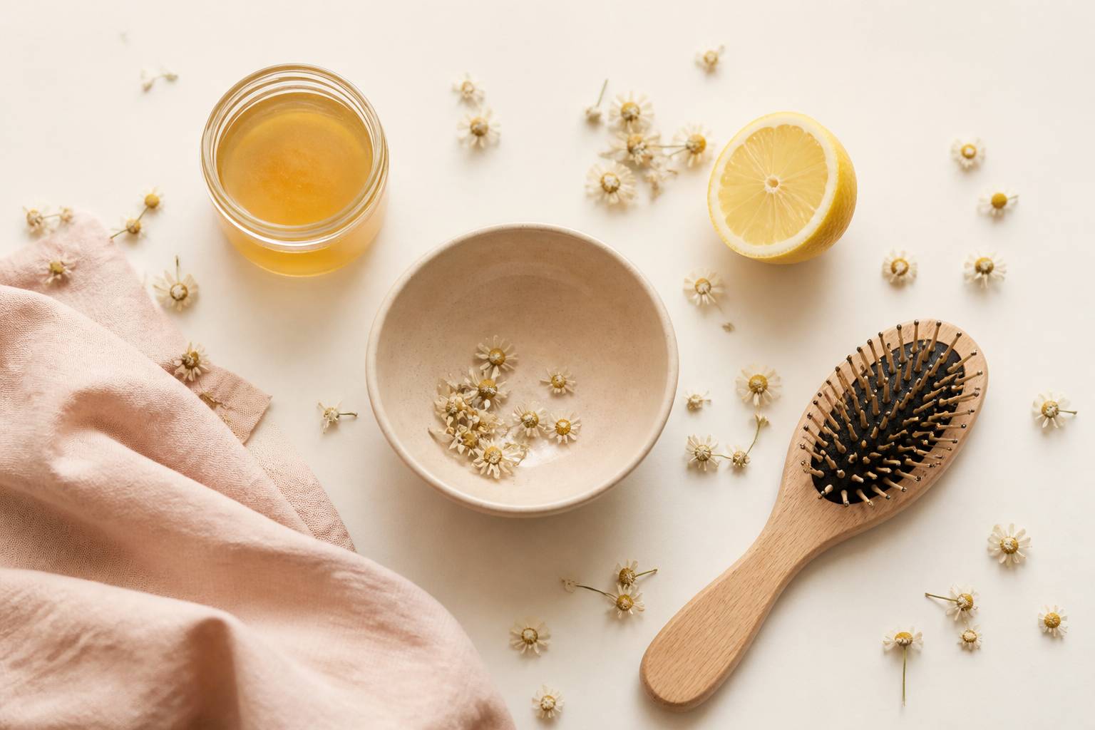 Flat-lay d'ingrédients naturels camomille miel et citron pour cheveux