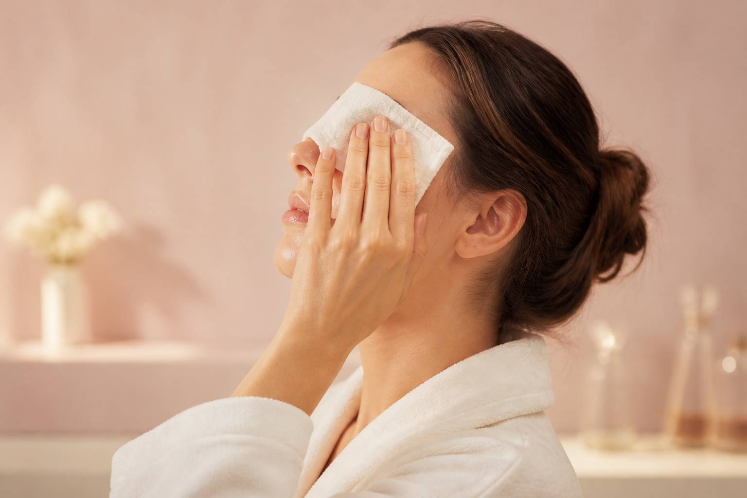 Femme aux yeux fermés appliquant une compresse fraîche sur le contour des yeux