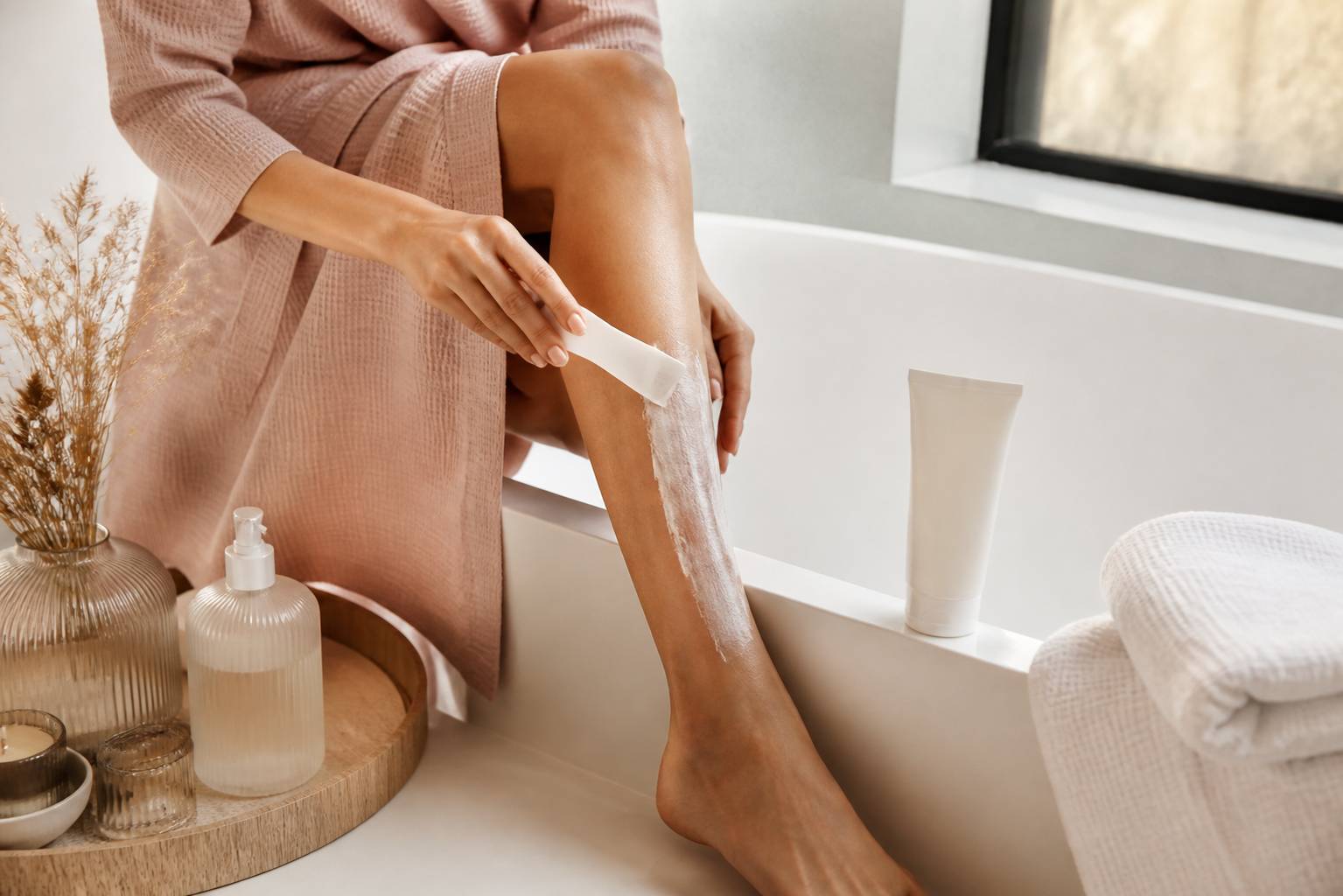 Femme appliquant de la crème épilatoire sur sa jambe dans une salle de bains claire