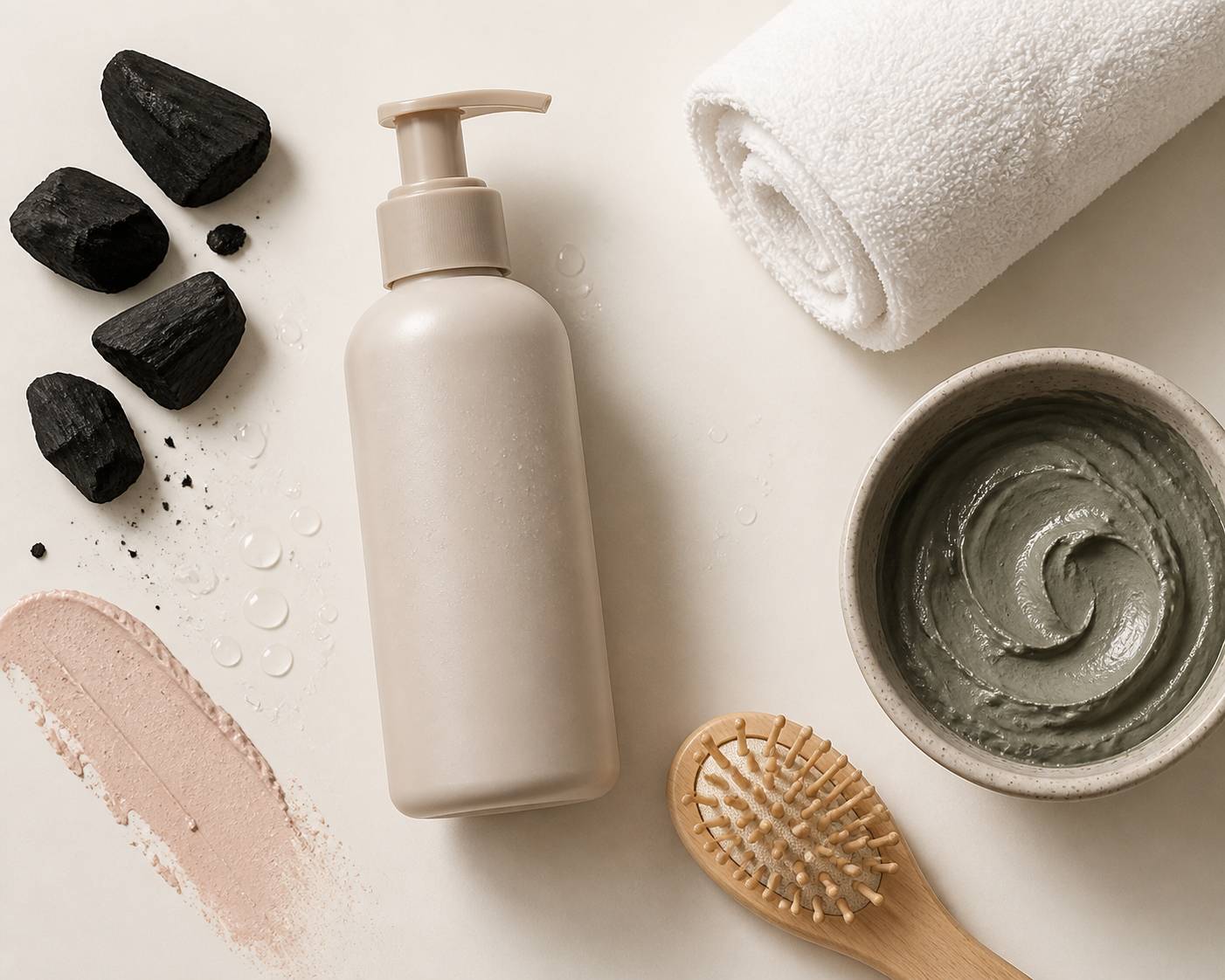 Flat-lay de rituel capillaire avec flacon pompe, bol d'argile, charbon actif et brosse en bois
