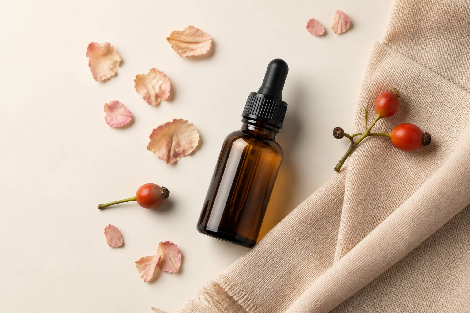 Flacon d'huile de rose musquée avec cynorrhodons et pétales