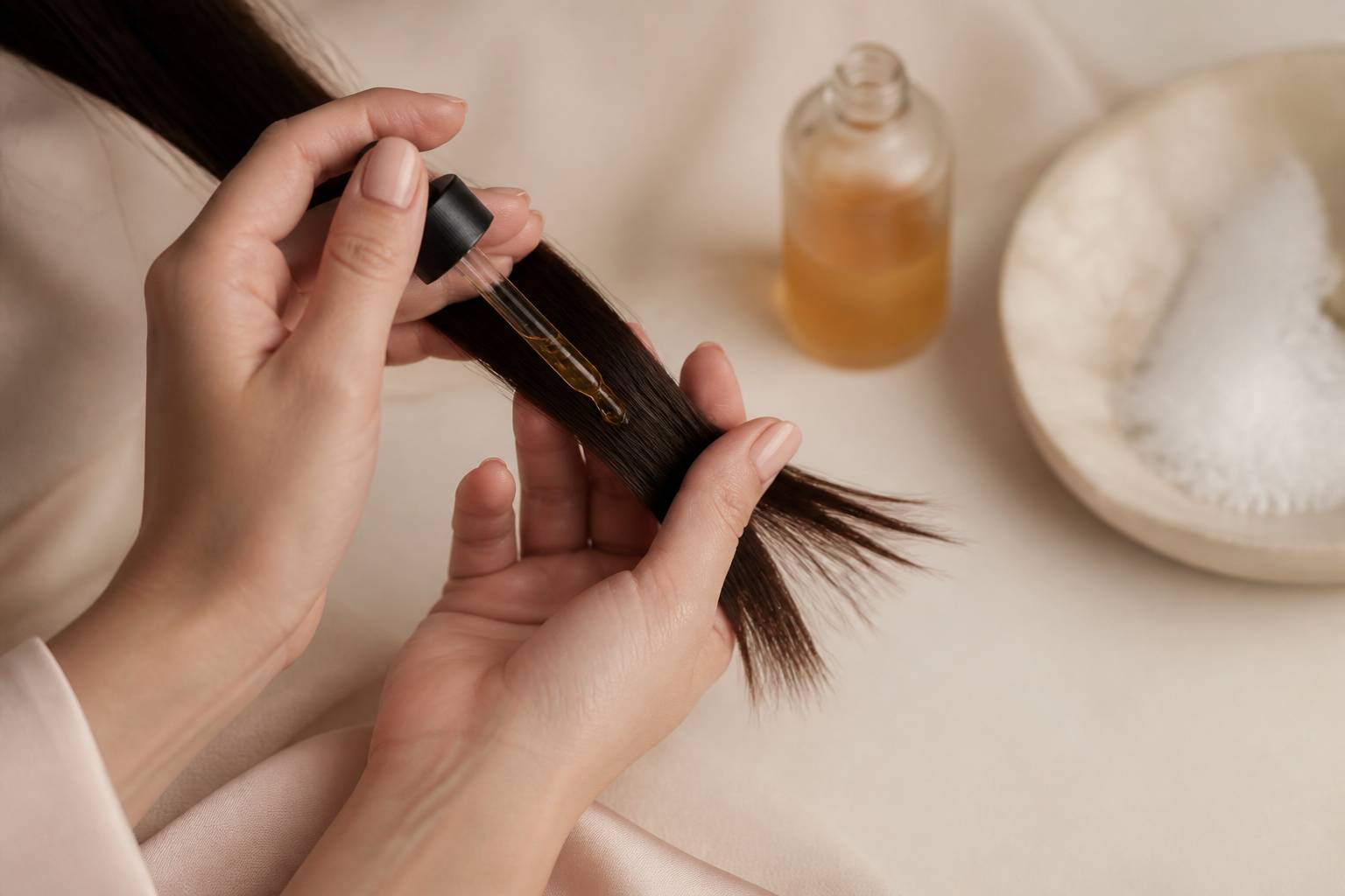 Mains versant des gouttes de soin sur des cheveux sains avec flacon en arrière-plan flou