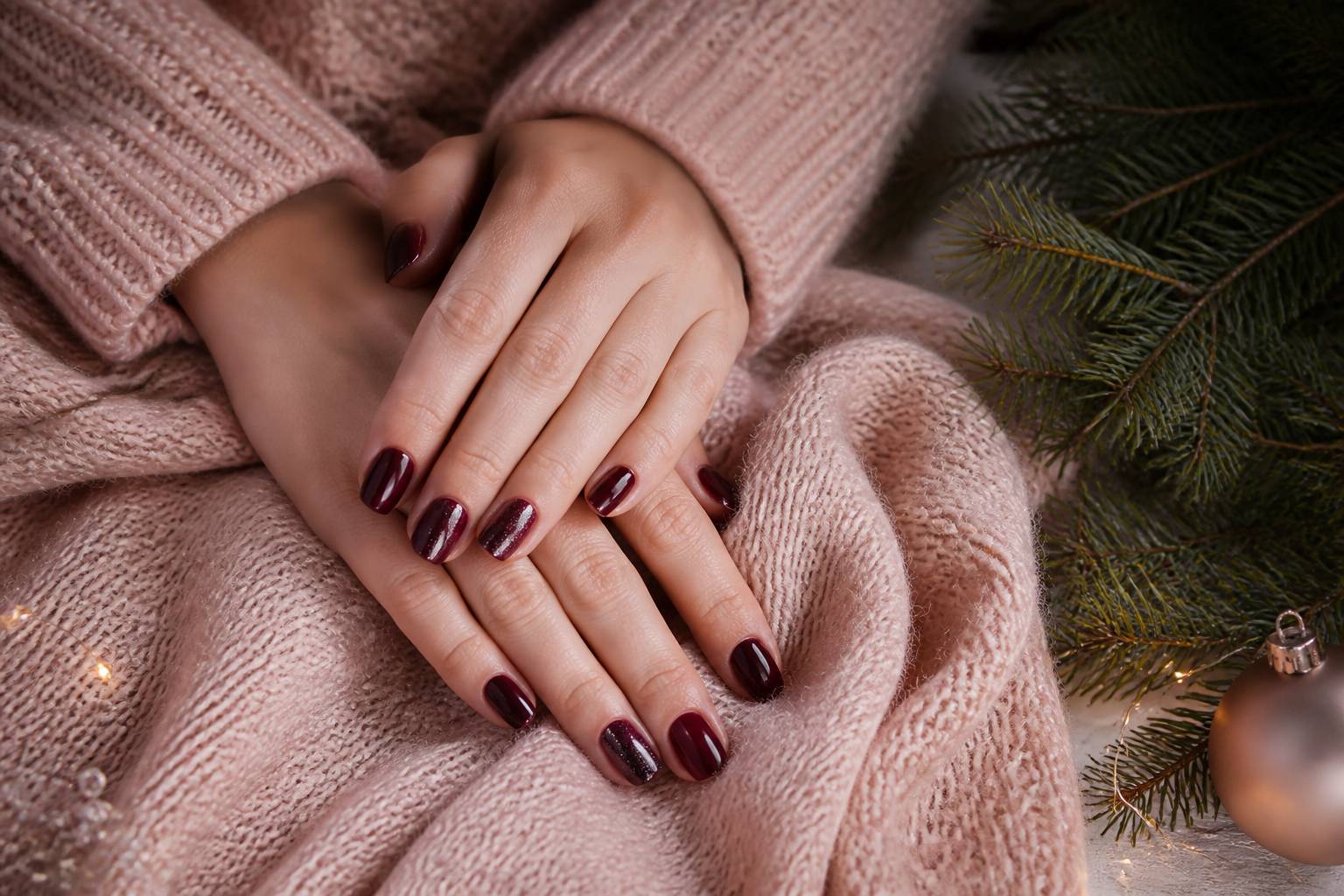 Manucure hivernale aux teintes bordeaux avec paillettes argentées