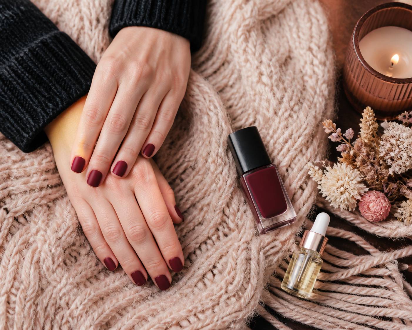 Mains aux ongles vernis bordeaux posées sur une écharpe en laine