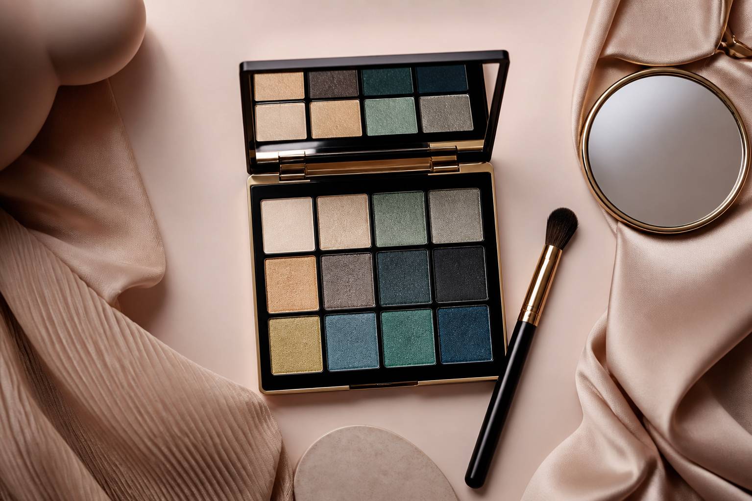 Palette de fards aux tons verts, bleus et dorés avec pinceau