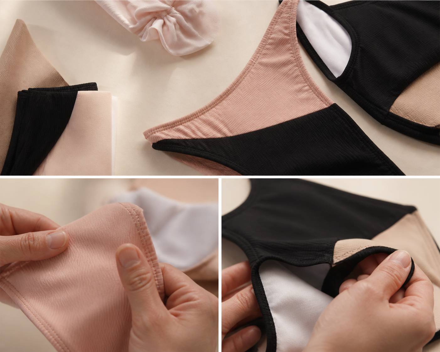 Matière de maillot de bain avec doublure tendue entre les doigts