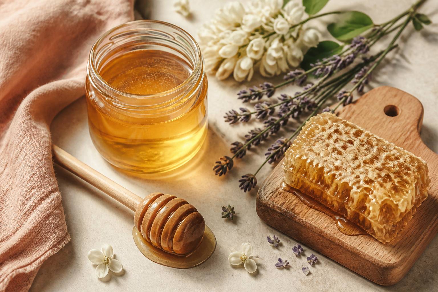 Pot de miel blond doré avec cuillère en bois, fleurs d'acacia et lavande