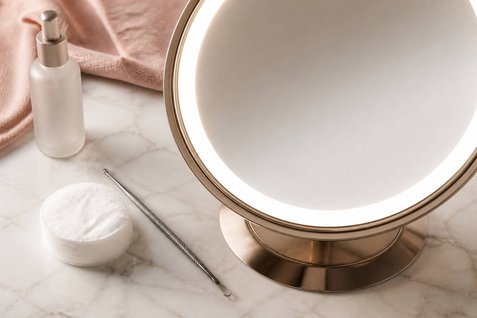 Miroir de soin avec coton et outil stérile posés sur un plan en marbre clair