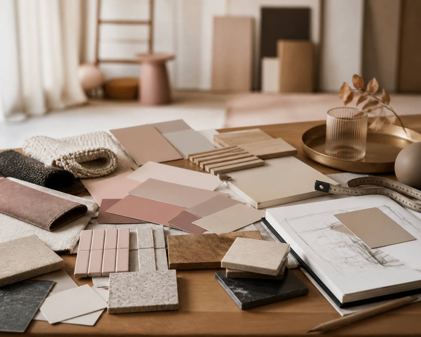 Moodboard de rénovation avec échantillons de peinture et carreaux