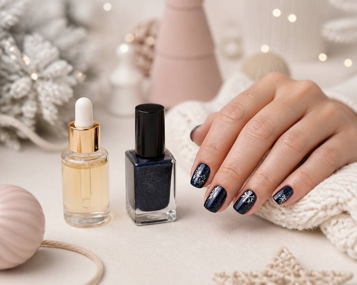Ongles vernis bleu marine avec motif nordique et micro-paillettes