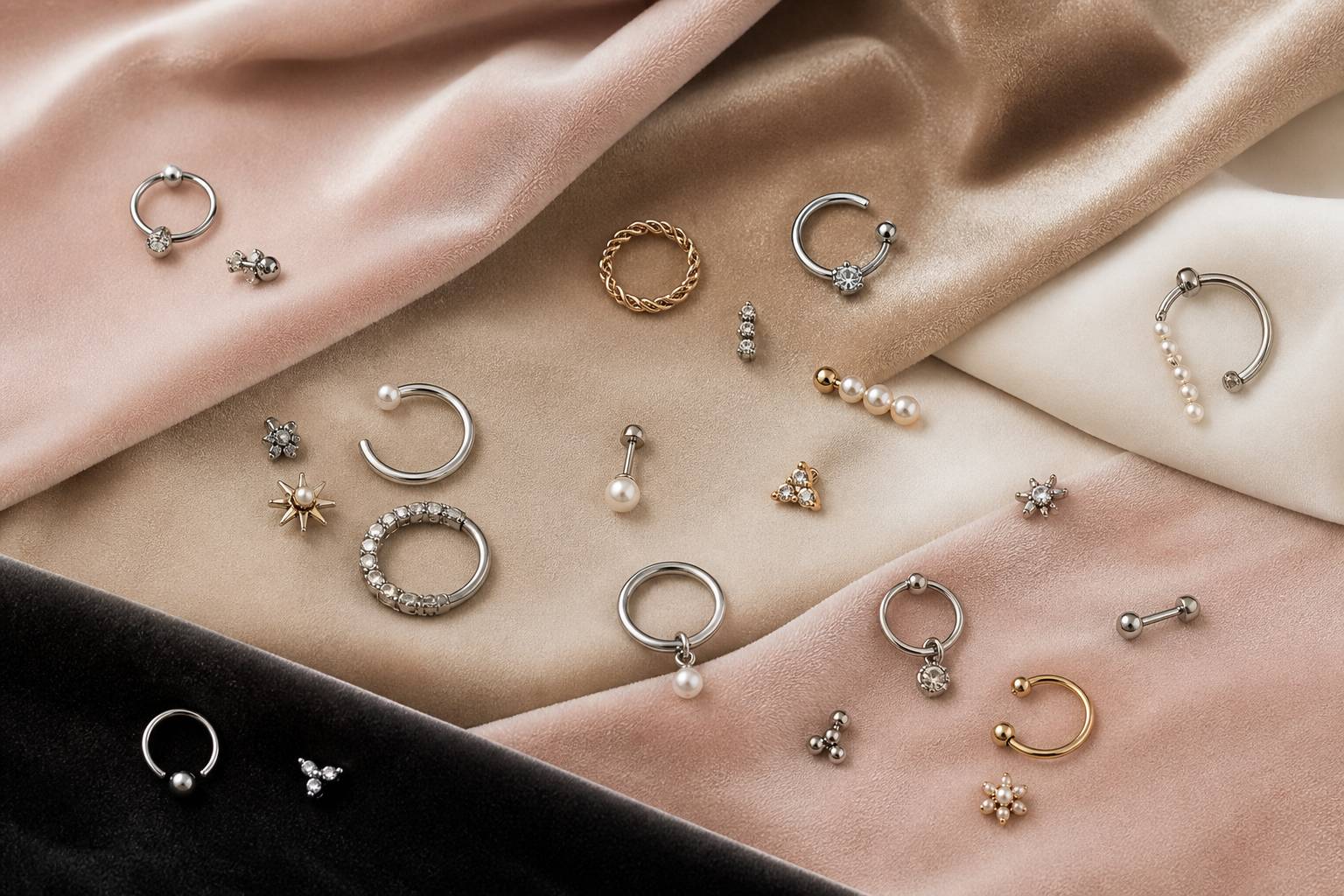Anneaux et clous de nez en métal sur fond de velours nude