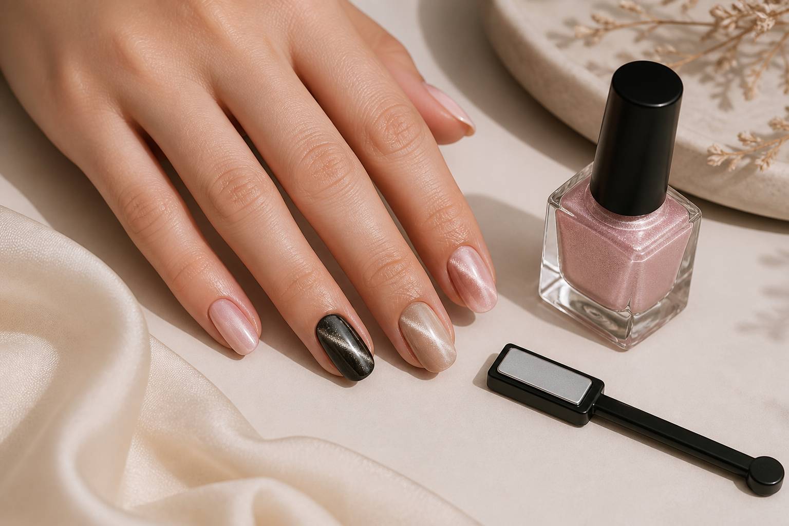 Main aux ongles effet cat eye irisés avec flacon de vernis sans étiquette