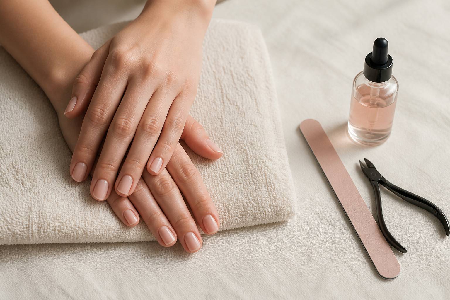 Mains aux ongles courts manucurés avec lime et huile de soin
