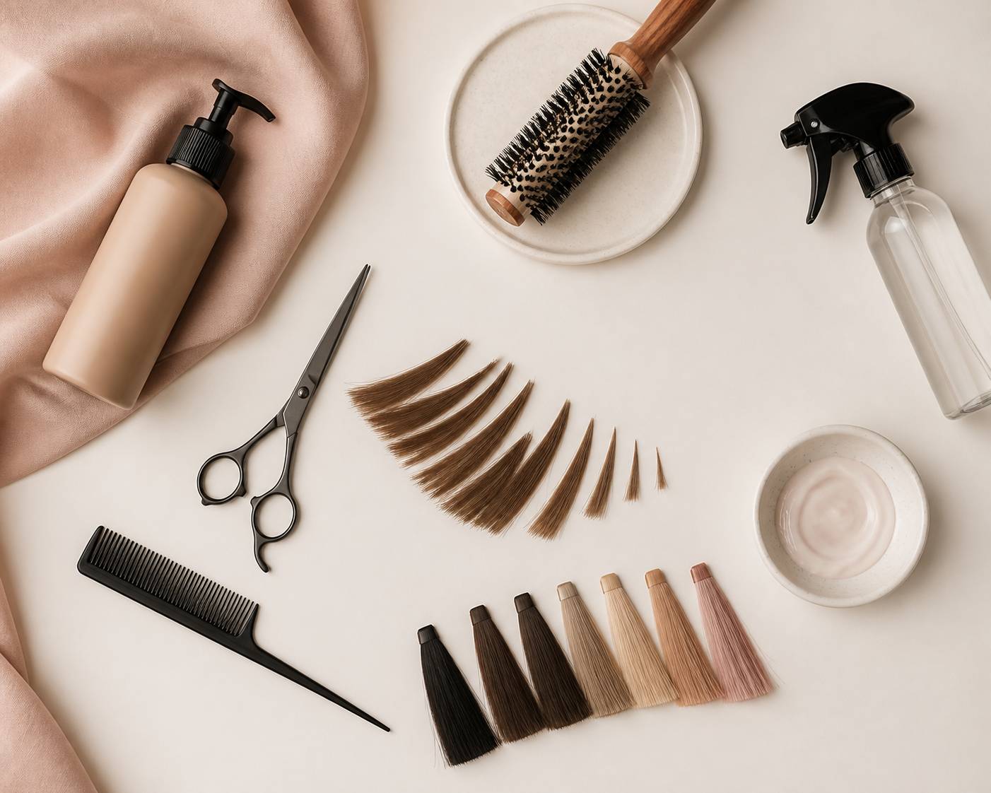 Flat-lay d'outils de coiffure avec ciseaux, peigne et mèches de cheveux