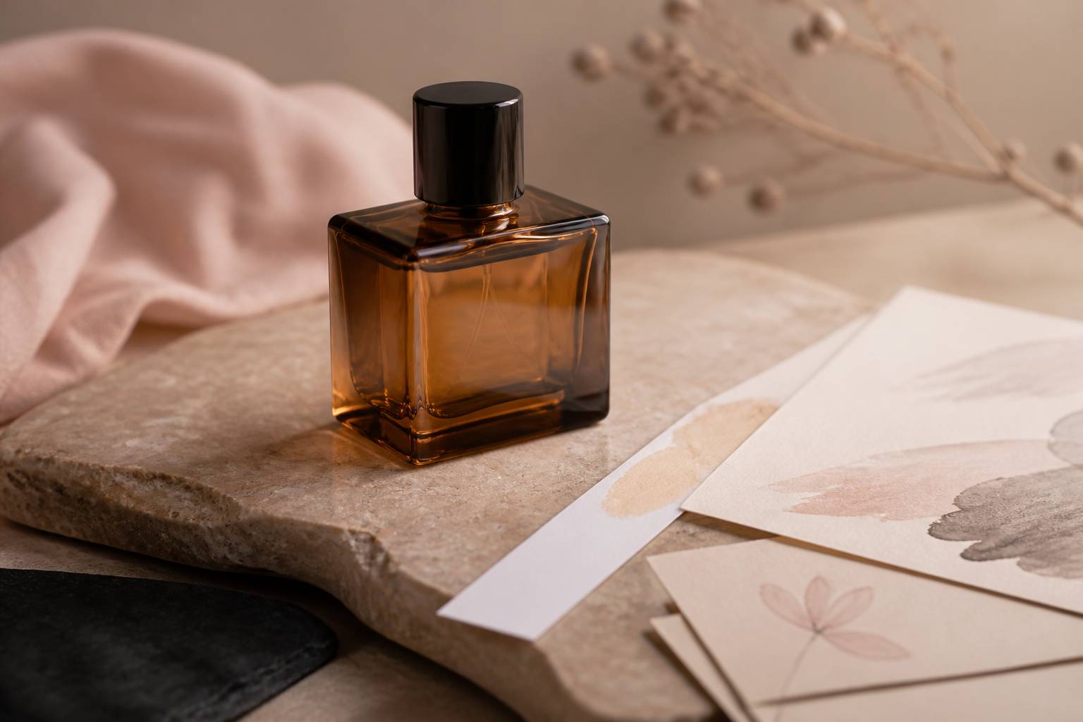 Flacon de parfum ambré avec mouillette et notes de composition