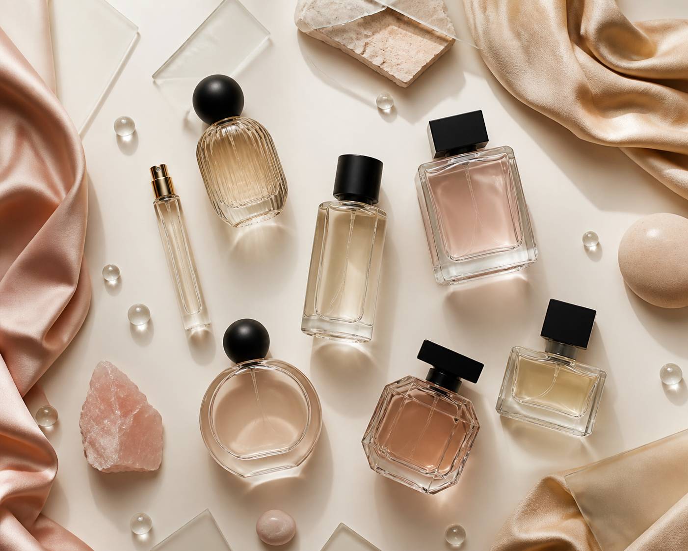 Flacons de parfum génériques en verre sur un fond ivoire