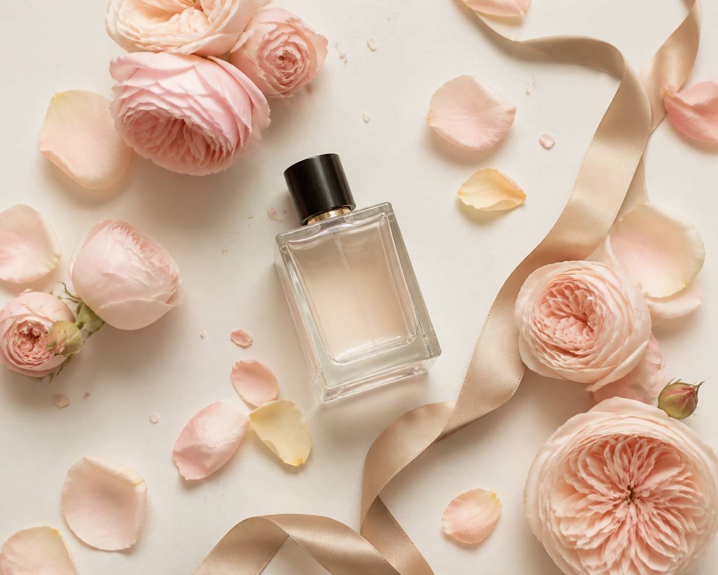 Flacon de parfum élégant entouré de roses fraîches sur un fond clair
