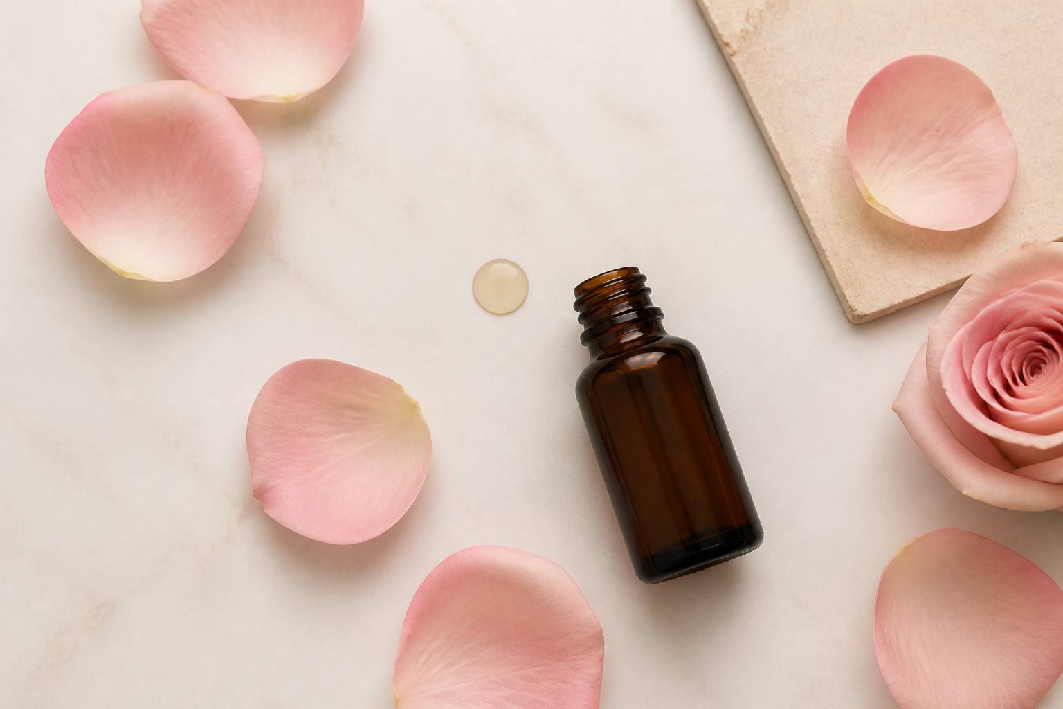 Pétales de rose et flacon en verre ambré évoquant une essence florale