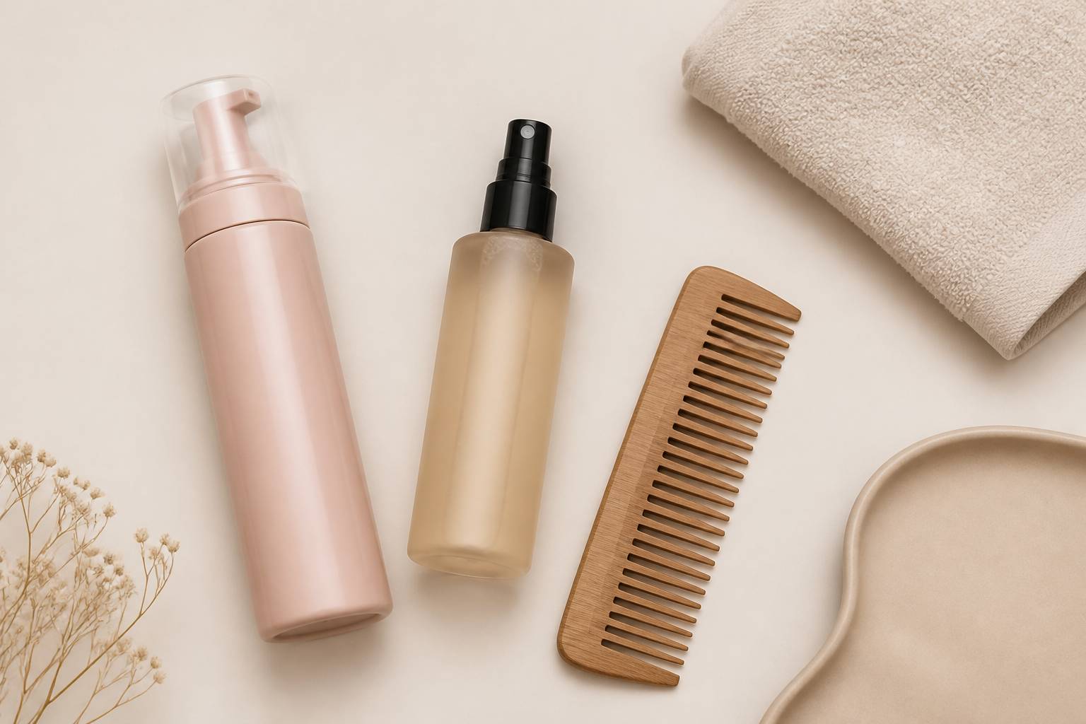 Mousse volumisante, spray texturisant et peigne posés sur un plan de coiffure