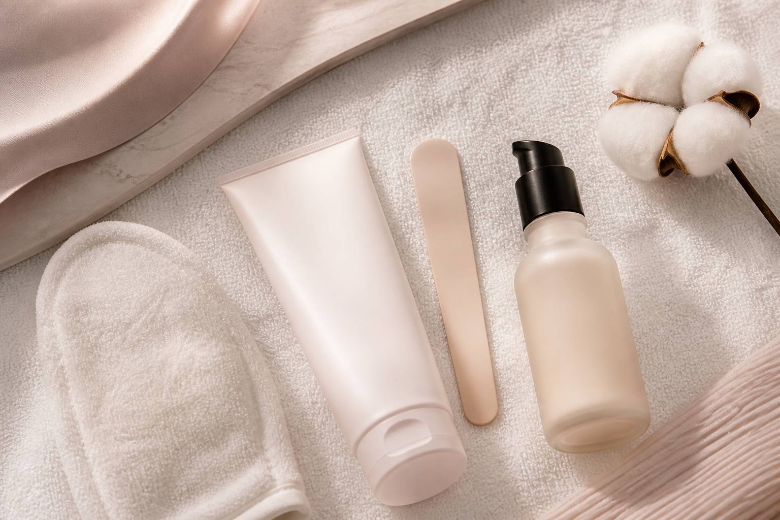 Flat-lay de soin avec tube de crème épilatoire, spatule et serviette blanche