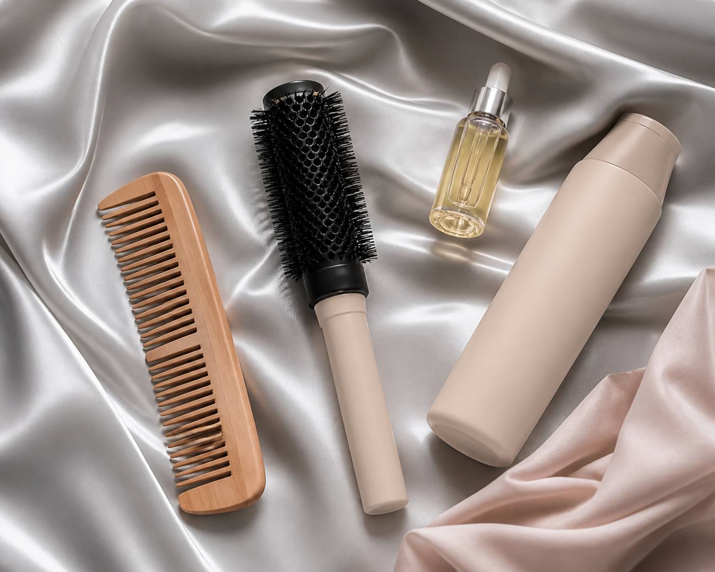 Flat-lay de soin capillaire avec peigne en bois, brosse et flacon sans étiquette