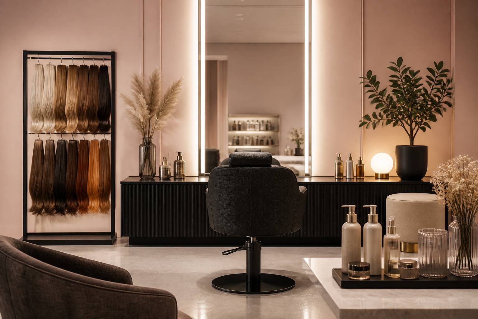 Salon de coiffure élégant avec présentoir de mèches de coloration