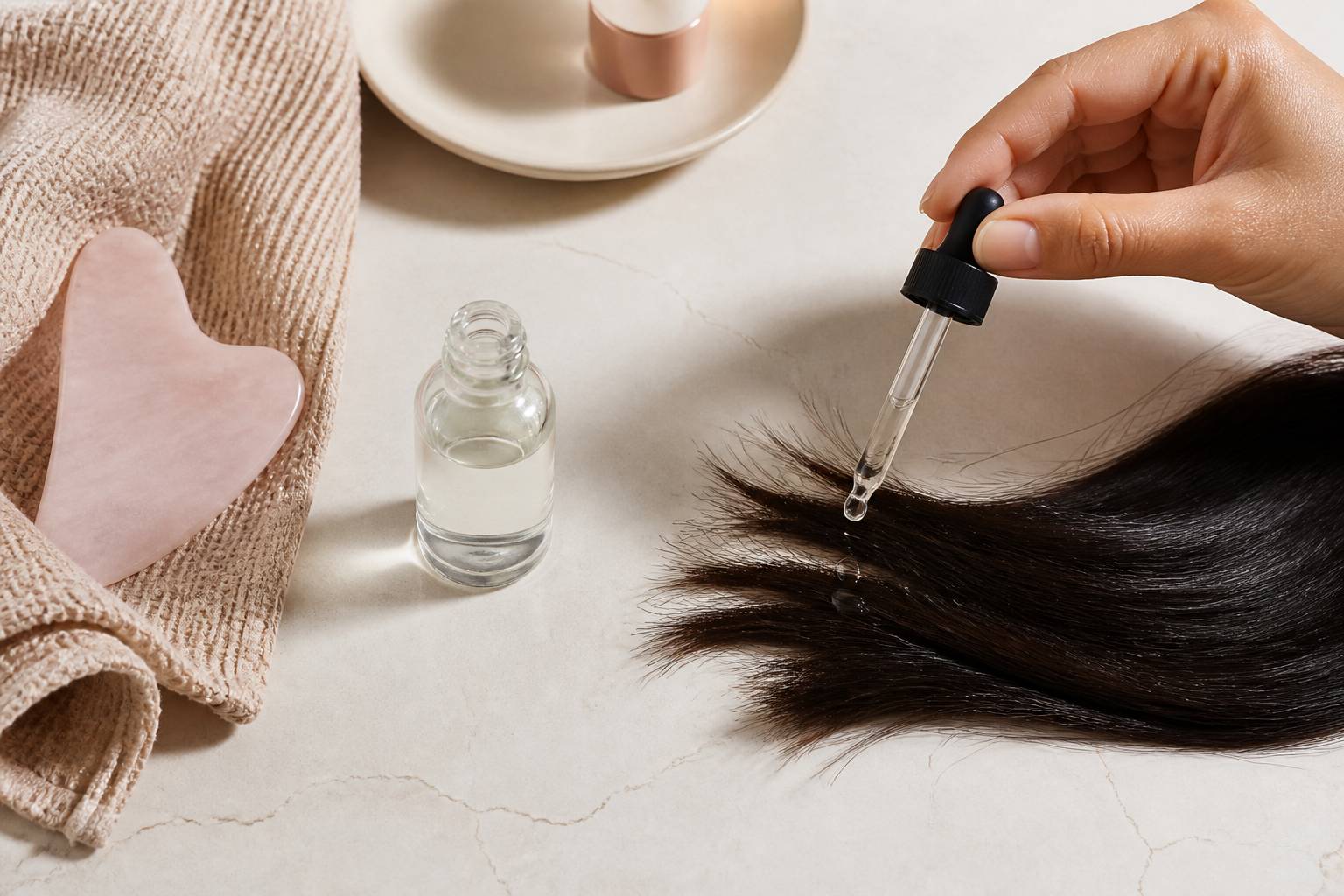 Application d'un sérum capillaire sur des pointes de cheveux, lumière douce de salle de bain